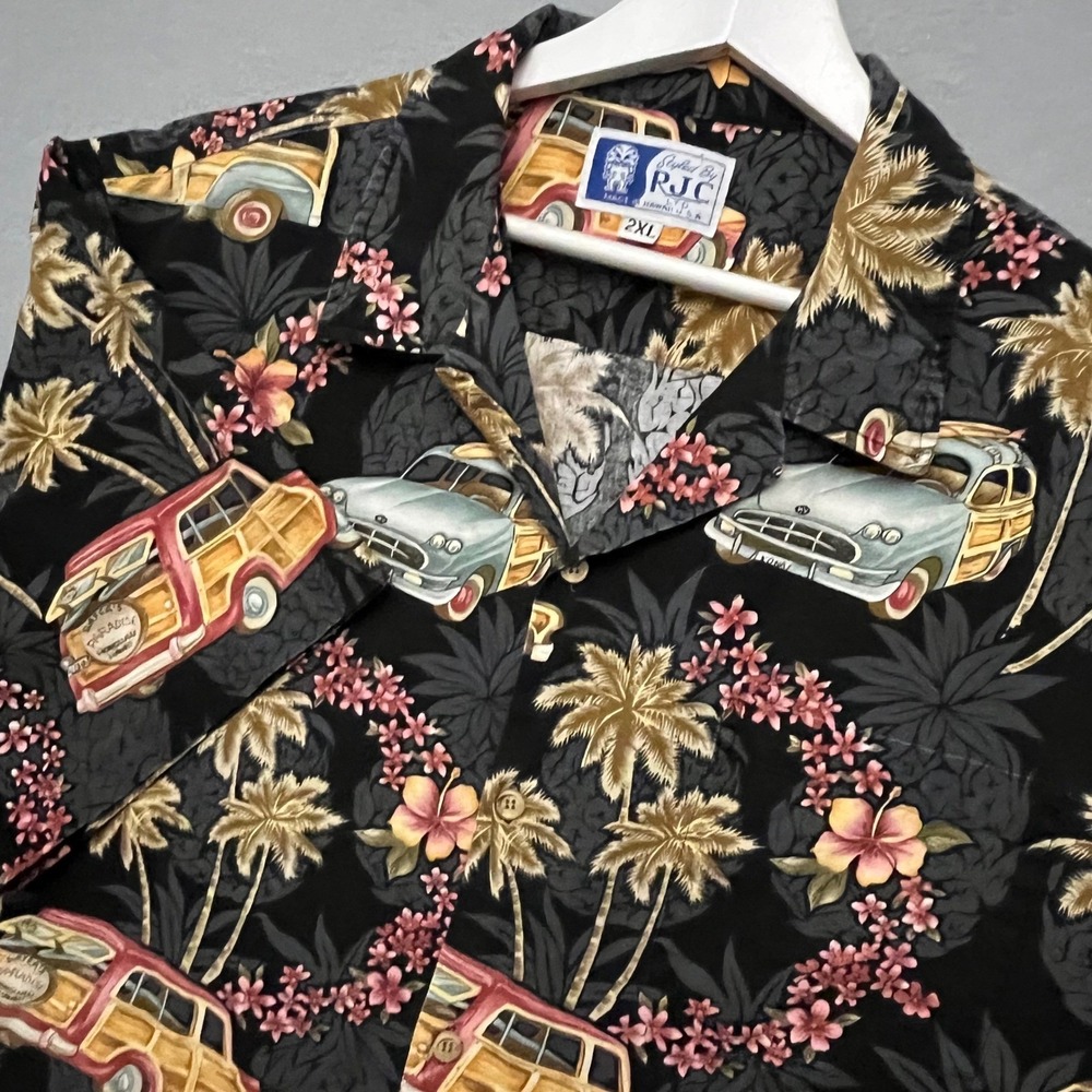 RJC Hawaiian Shirt Mens 2XL Black Vintage Woody Wagon Surfboard Made in Hawaii